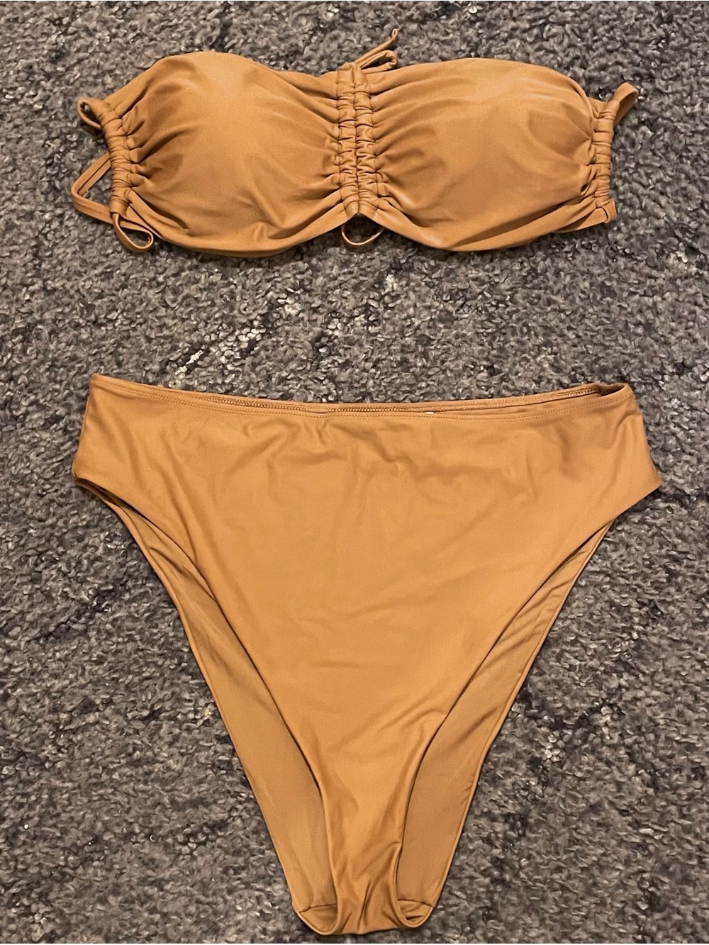 Aerie Bronze Brown Bikini Swimsuit Bandeau Top High Cut Cheeky Bottom Size XXL